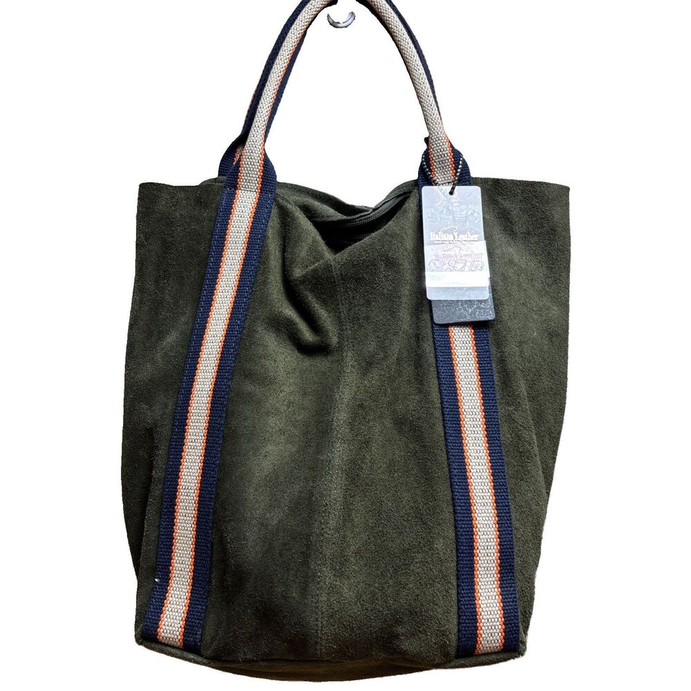 Genuine Leather Suede Soft Shoulder Tote Bag Forest Green Stripe Strap Purse NEW